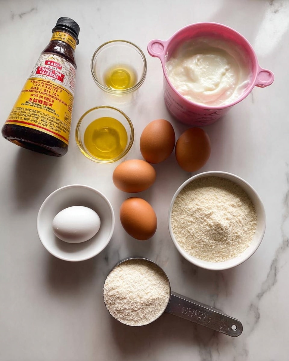 The image shows cooking ingredients arranged on a white marbled surface. There is a bottle of apple cider vinegar with a yellow and red label on the left. Next to it, a pink measuring cup is filled with a thick, white creamy substance. A clear measuring cup contains a small amount of yellow oil. Four brown eggs are placed in the center, and a small white bowl holds one white egg and some white powder. At the bottom, a metal measuring cup is filled with a grainy, light beige substance. The items are neatly placed without overlapping. Photo taken with an iphone --ar 4:5 --v 7