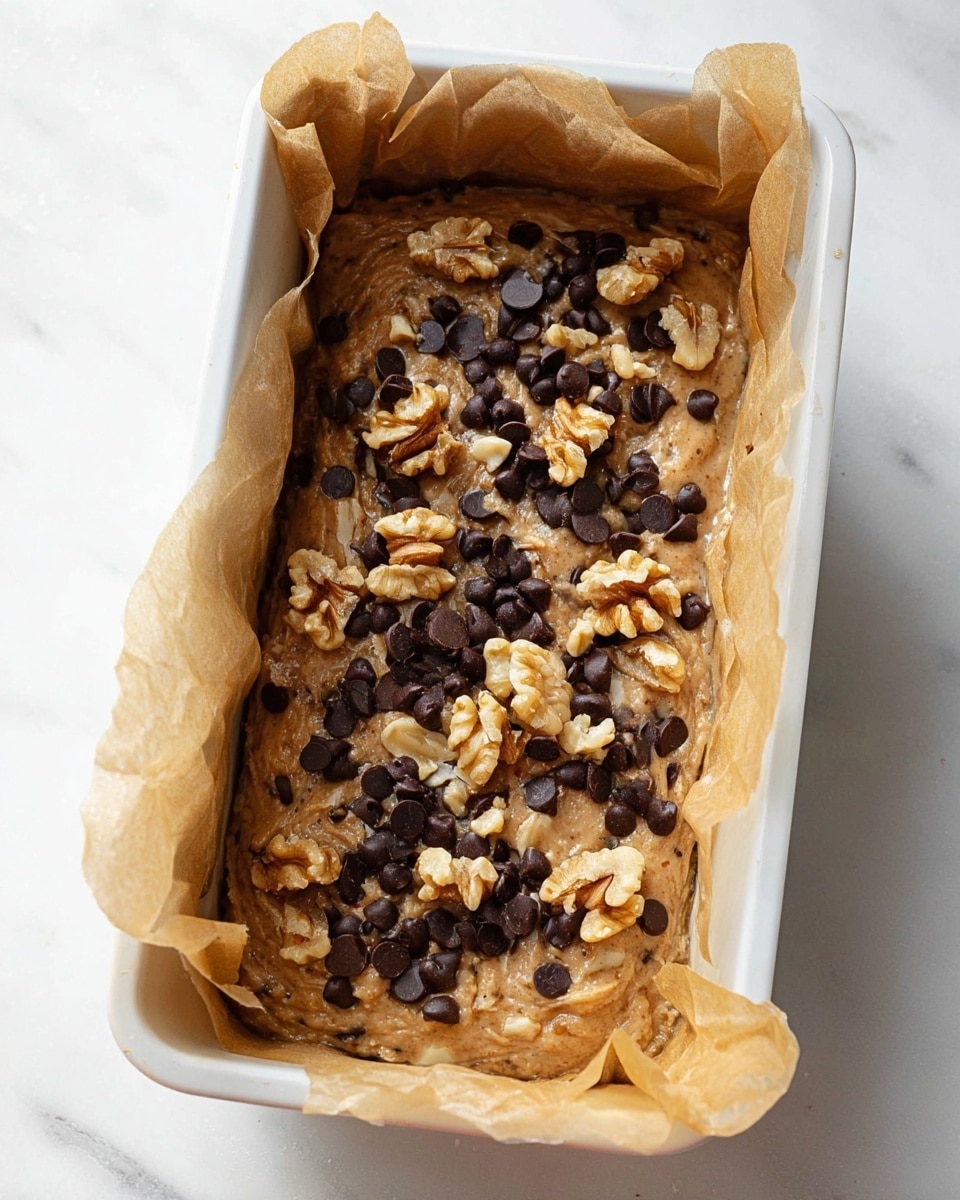 A white rectangular loaf pan lined with crumpled light brown parchment paper holds a single layer of thick, light brown batter. The batter surface is covered with scattered dark brown chocolate chips and uneven pieces of light golden walnut halves. The texture of the batter looks slightly grainy and moist, with the chocolate chips and walnut pieces sitting on top, some slightly pressed in. The background is a white marbled surface. photo taken with an iphone --ar 4:5 --v 7