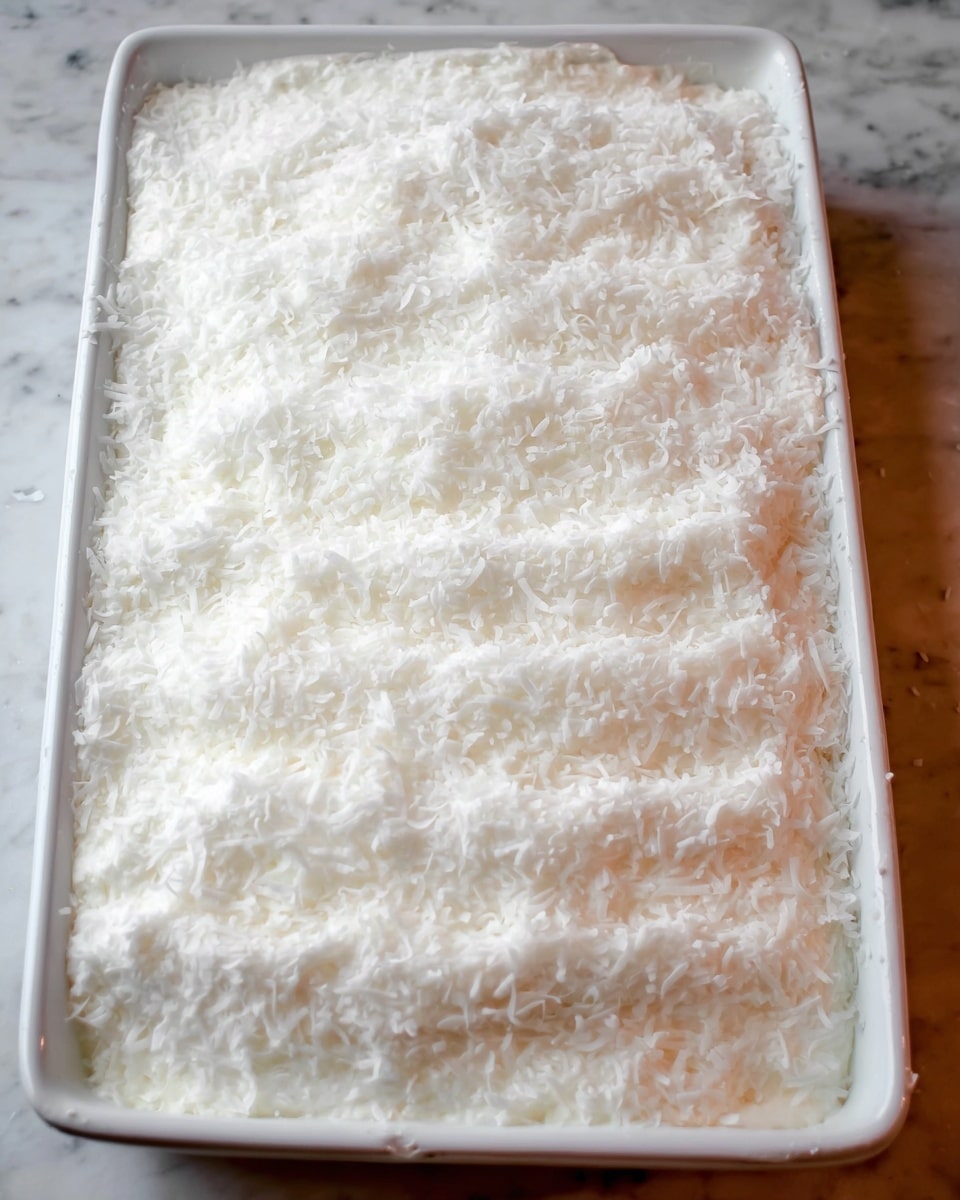A large white rectangular dish filled with a fluffy white layered dessert, the top layer covered evenly with fine white coconut flakes that create a textured, snowy look, no other visible layers but the top coconut layer is thick and uniform, sitting on a white marbled surface, photo taken with an iphone --ar 4:5 --v 7