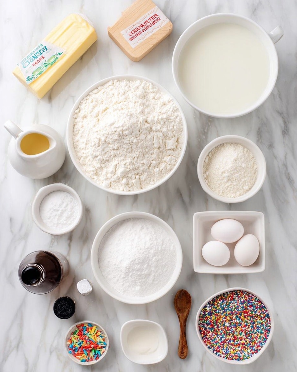 The image shows several white bowls and small containers on a white marbled surface, each holding different baking ingredients. There is a large white bowl filled with white flour, another large white bowl containing milk, a medium white bowl with powdered sugar, and a medium white bowl with granulated sugar. Small white square dishes hold baking powder and cornstarch. Two white eggs sit in a small, round white dish. A white pitcher holds cream, and there is a stick of butter in the wrapper near the top left. A wooden salt box with a small wooden spoon contains salt. Two small bottles, one with dark liquid and one with vanilla extract, are placed near the bottom left. A small white bowl filled with colorful sprinkles is at the bottom right. photo taken with an iphone --ar 4:5 --v 7