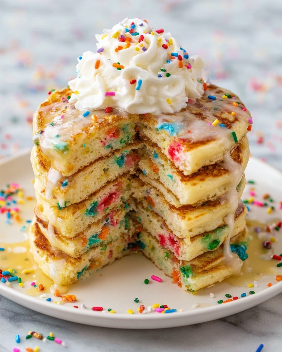 A stack of six thick pancakes with colorful sprinkles inside each layer sits on a white plate on a white marbled surface. The top pancake is covered in light yellow glaze and more sprinkles, with a large dollop of white whipped cream sprinkled with round colorful bits in the center. The pancakes are cut in half, revealing the soft, fluffy inside full of red, blue, green, orange, and pink sprinkles. Some glaze drips down the sides and a few scattered sprinkles are on the plate, making it look fresh and inviting. photo taken with an iphone --ar 4:5 --v 7