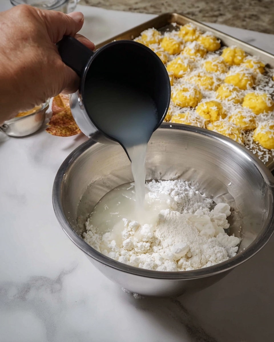 A woman's hand is holding a black measuring cup filled with a cloudy liquid, pouring it into a silver mixing bowl that contains a white powdery substance and a thick lumpy white mixture. In the background, there is a food tray filled with small yellow round pieces sprinkled with white flakes, all placed on a white marbled surface. photo taken with an iphone --ar 4:5 --v 7