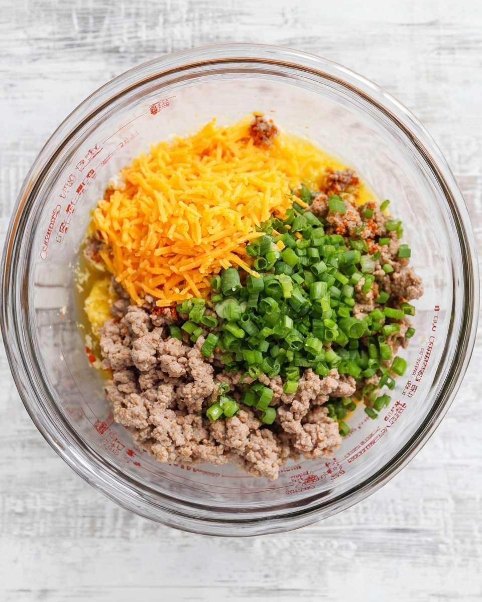 A clear glass bowl with visible measurement markings contains a mix of ingredients layered side by side. The base layer shows chunky light brown cooked ground meat with small bits of red seasoning. To one side, there is a pile of bright orange shredded cheese, and next to it are small, vibrant green chopped scallions. There are also bits of light yellow, soft-looking ingredients likely eggs, and the mixture looks moist with some liquid pooling at the bottom. The bowl sits on a white marbled surface, viewed from overhead. Photo taken with an iphone --ar 4:5 --v 7