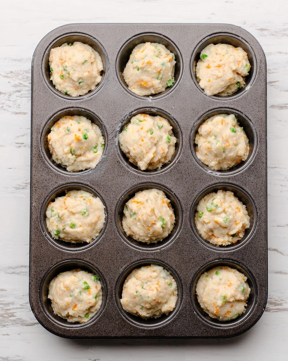 A dark metal muffin pan holds twelve round scoops of uncooked batter, each scoop filled close to the top of its cup. The batter is light cream in color with scattered small orange shreds and tiny green bits throughout, giving a slightly textured look. The muffin pan sits on a white marbled surface, showing some contrast between the smooth background and the batter's rough texture. Each round scoop is uneven on top, showing a soft and creamy mix with visible ingredients but no clear layers. photo taken with an iphone --ar 4:5 --v 7