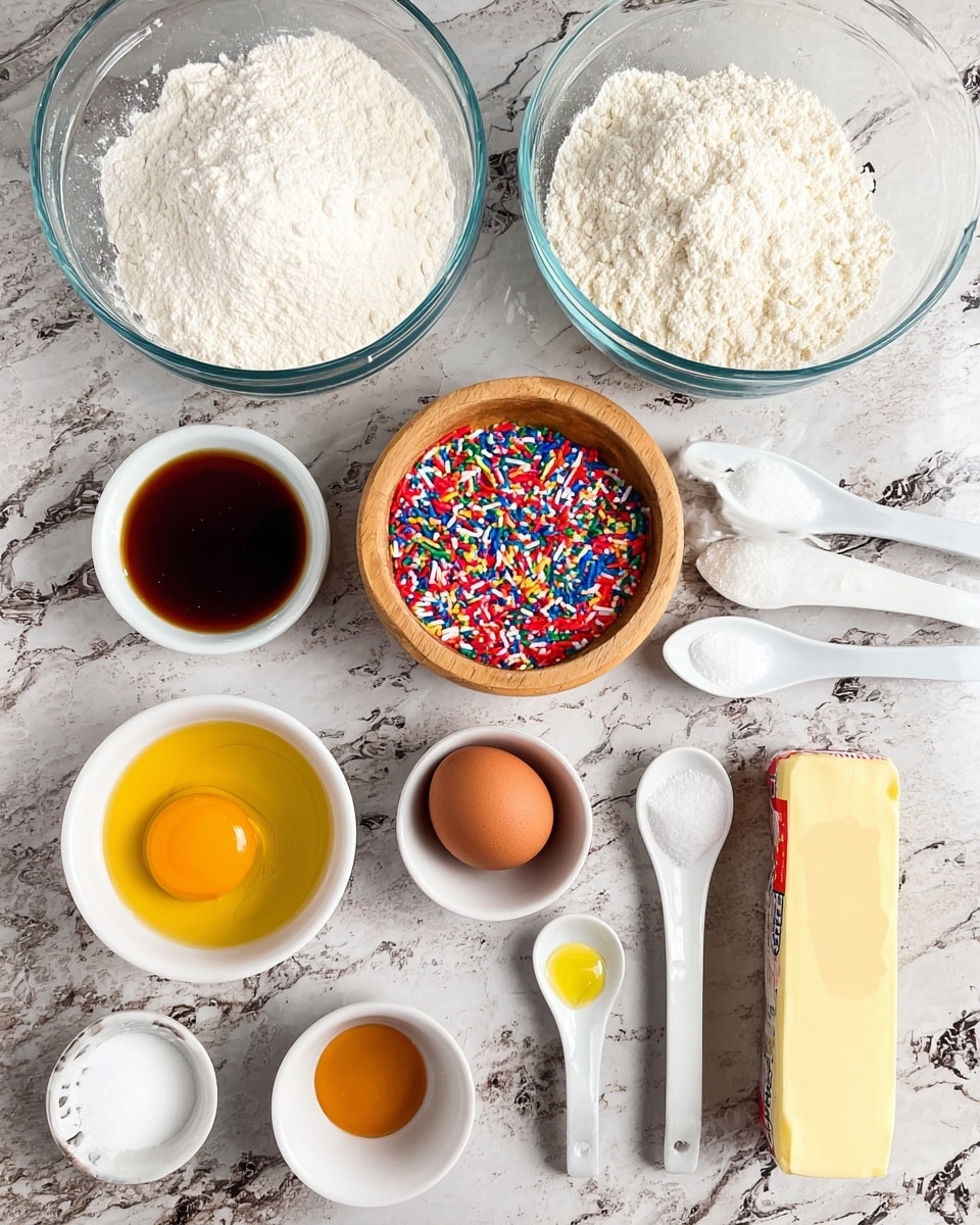 The image shows various baking ingredients arranged neatly over a white marbled surface. There are two large clear glass bowls at the top, one filled with white flour and the other with white sugar. Below them, a small round wooden bowl holds colorful sprinkles. To the right of the sprinkles, there is a stick of butter in its wrapper. Next to it, several small white bowls and spoons contain different ingredients: a single whole brown egg, a bowl with an egg yolk, small bowls with a light powder and brown liquid, and spoons with baking soda, baking powder, and salt. All items are clearly separated and placed in an organized manner. photo taken with an iphone --ar 4:5 --v 7