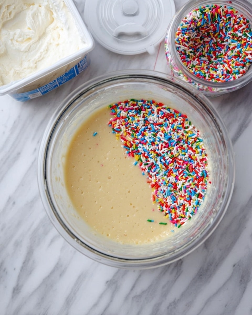 A clear glass bowl filled with smooth, creamy beige batter sits on a white marbled surface. On the right side of the batter, a strip of colorful sprinkles in red, yellow, green, blue, white, and pink rest on top, contrasting with the pale batter. Nearby, three containers are visible: an opened container of white frosting, a clear plastic container filled with more rainbow sprinkles, and a sealed glass jar. The scene is bright and clean, showing a step in the baking process. photo taken with an iphone --ar 4:5 --v 7