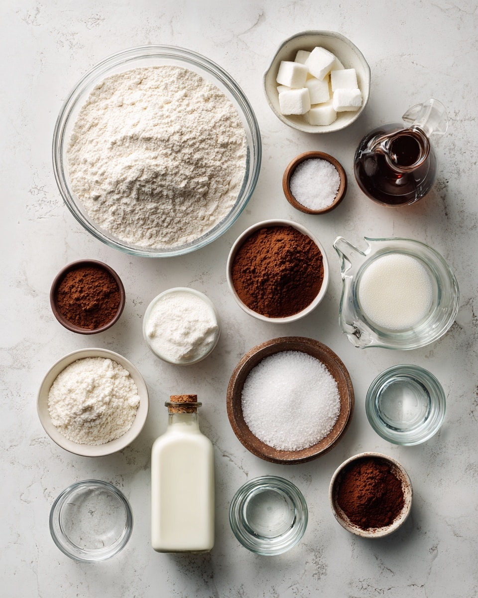 Top-down professional food photography, flat lay style, bright white marble countertop, neatly arranged, evenly spaced, tidy, clean organized layout. Include: bowl of all-purpose flour, small bowl of granulated sugar, small bowl of light brown sugar, small bowl of unsweetened cocoa powder, small bowl of baking powder, small bowl of salt, glass measuring cup of milk, small glass cup of vegetable oil, bottle of vanilla essence, glass measuring cup of boiling water. Bright soft natural lighting, sharp focus, high detail textures, realistic reflections, professional DSLR look, 4K, no finished dish, no cooked food, no hands, no text, no watermark, no brand logos --ar 4:5 --v 7