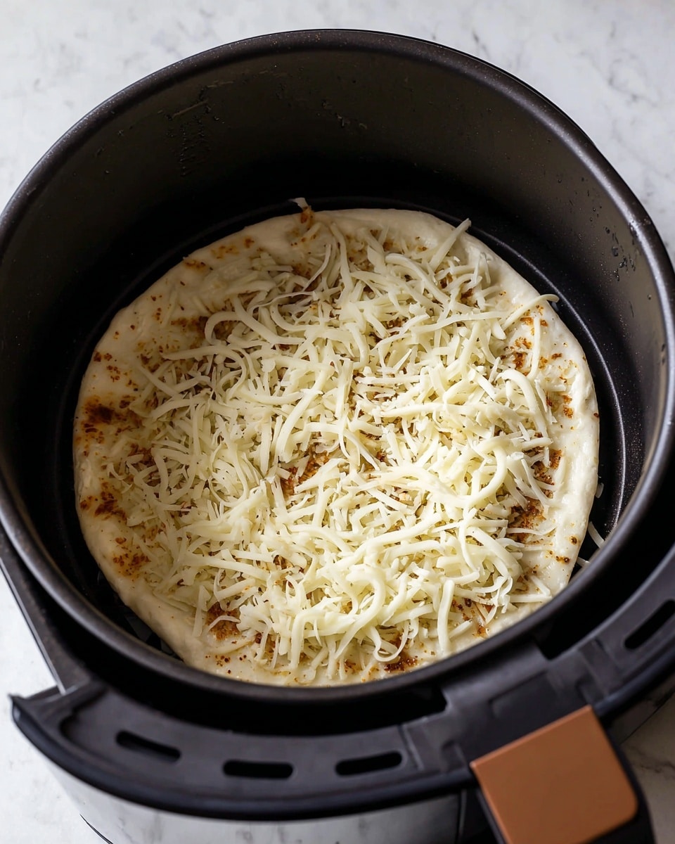 Inside a black air fryer basket with a brown handle, there is a single round flat dough base topped with a layer of evenly spread shredded white cheese and sprinkled with light brown seasoning bits. The dough looks soft and slightly pale with a few bubbles along the edges. The basket is set on a white marbled surface. photo taken with an iphone --ar 4:5 --v 7