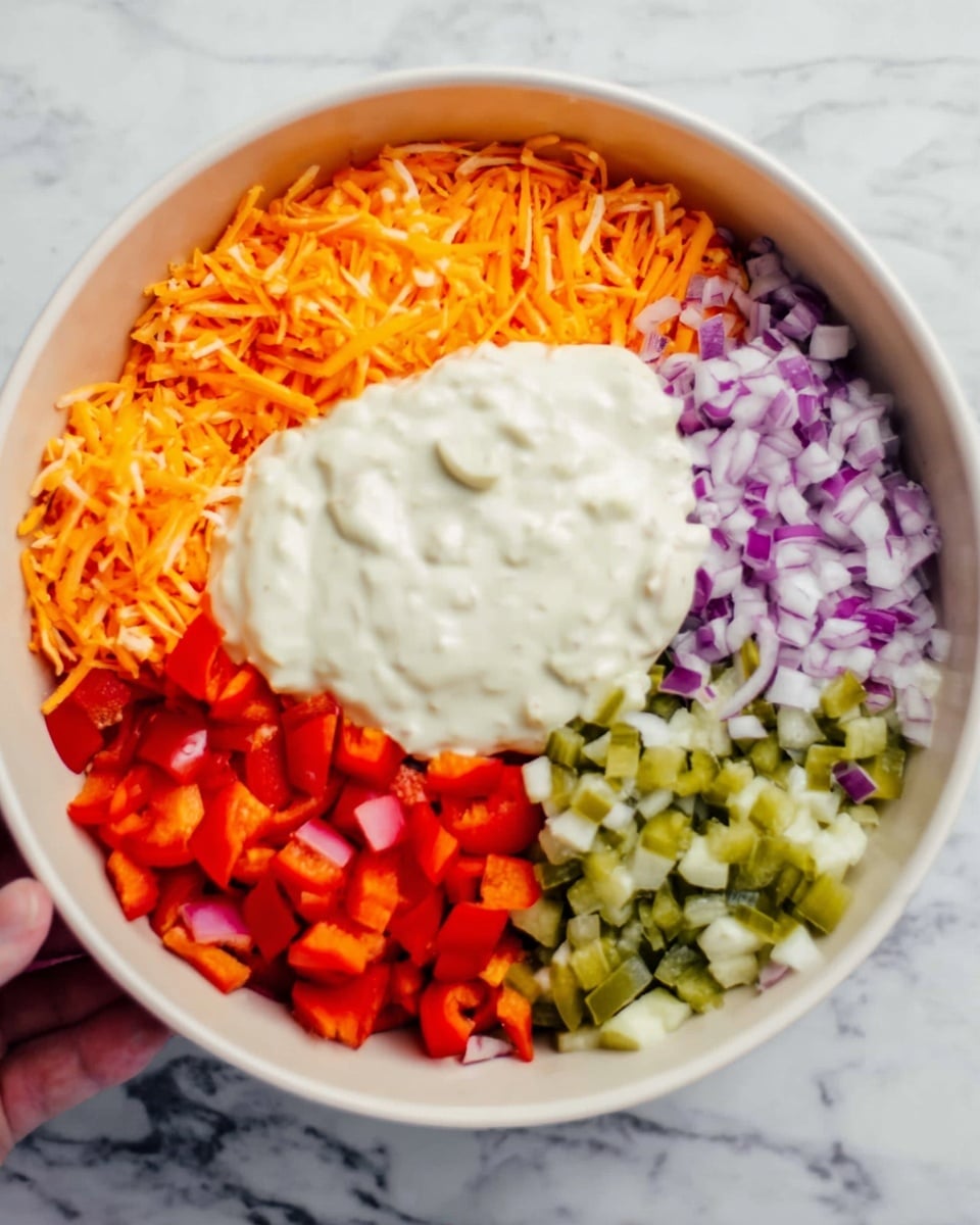 A white bowl filled with an arranged mixture of colorful ingredients in five separate sections: bright orange shredded carrots on the top left, vibrant red diced bell peppers on the top right, finely chopped purple onions at the bottom right, small green diced pickles at the bottom left, and light green diced celery next to the pickles. A large dollop of smooth white creamy sauce sits in the center, overlapping parts of the carrots and onions. The bowl is placed on a white marbled surface with a woman's hand gently holding its edge. photo taken with an iphone --ar 4:5 --v 7