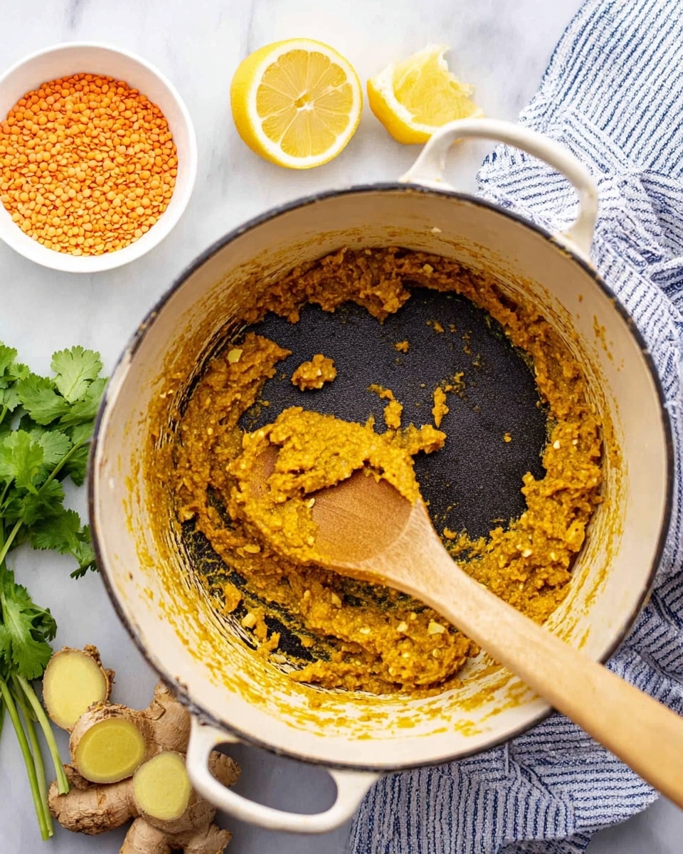 Inside a white cast iron pot with black interior, there is a thick yellow-orange paste of spices and finely chopped ingredients spread around the bottom and sides. A wooden spoon is scooping up some of the paste, showing a rough texture with bits of onion or garlic. Around the pot, on a white marbled surface, there are three thin slices of fresh ginger, a half lemon with visible seeds and pulp, a small white bowl filled with orange lentils, a sprig of fresh green cilantro, and a white and blue striped cloth. Photo taken with an iphone --ar 4:5 --v 7