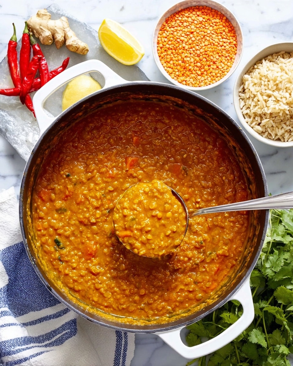 A thick, orange-brown lentil stew fills a large black pot with white handles sitting on a white marbled surface. A silver ladle lifts a scoop of the stew, showing its slightly chunky texture with visible bits of lentils and spices. Around the pot, there are three small white bowls: one with uncooked orange lentils, another with cooked brown rice, and a fresh lemon half placed between them. Near the top left, slices of ginger and two red chili peppers lay on a white cloth with blue stripes. At the bottom right, a bunch of green cilantro leaves adds a touch of freshness to the scene. photo taken with an iphone --ar 4:5 --v 7