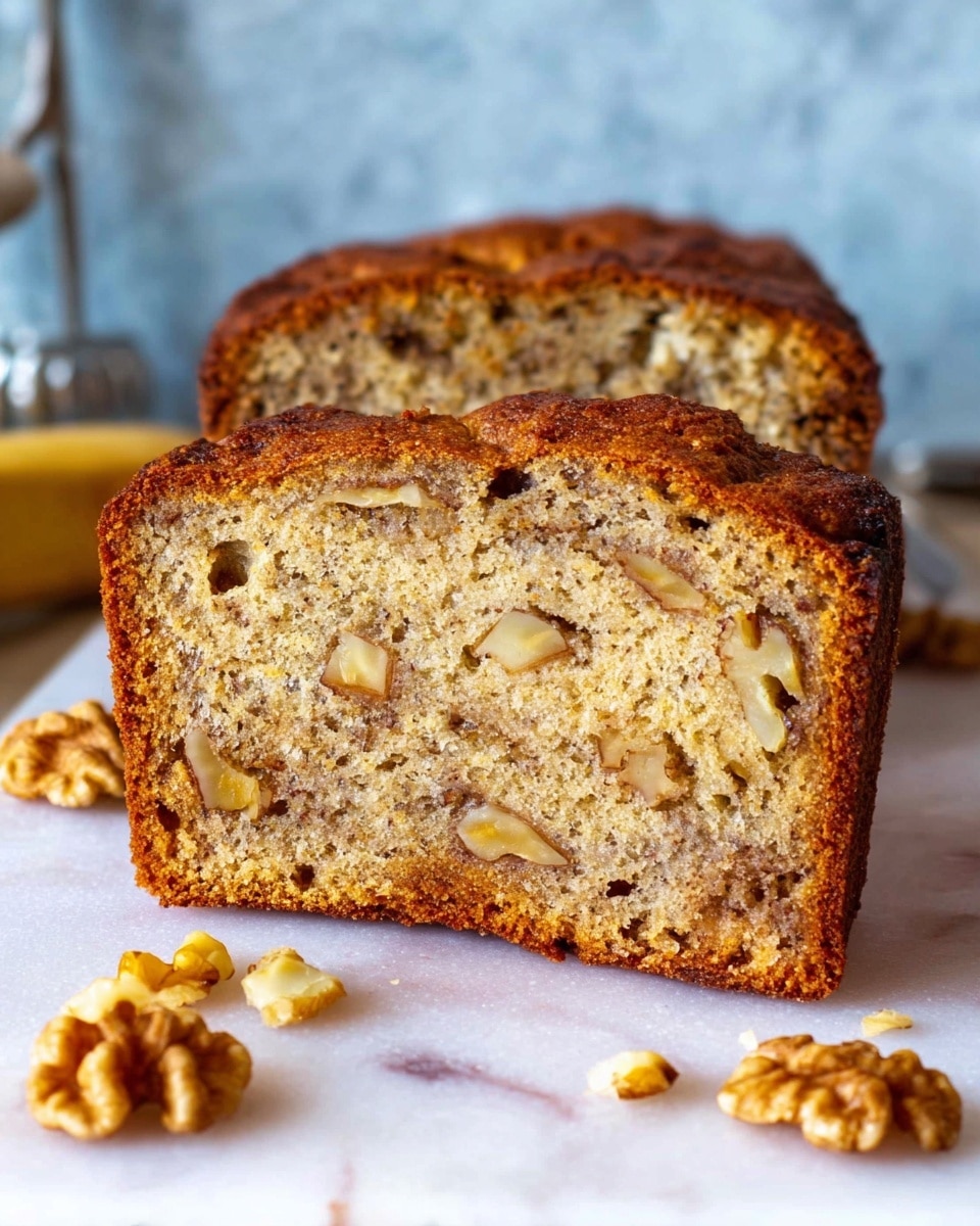 A close-up view of two slices of moist banana bread with a golden-brown crust and a soft, light brown inside filled with small pieces of banana and walnut chunks scattered throughout. The bread is resting on a white marbled surface, with some walnut pieces scattered in the foreground. The background shows a blurred textured blue surface and baking tools, emphasizing the bread’s texture and color. photo taken with an iphone --ar 4:5 --v 7