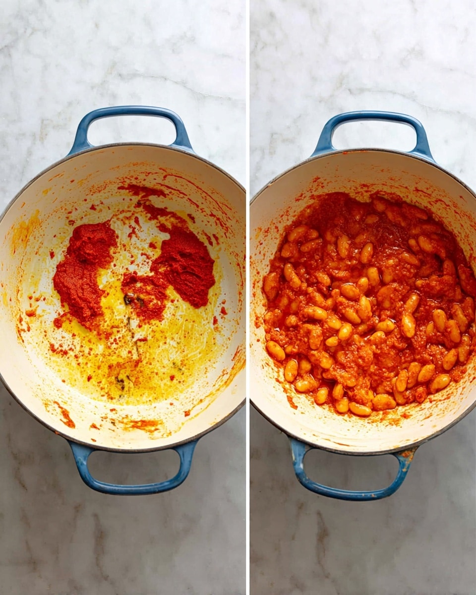 Two side-by-side images show the cooking process inside a white round pot with blue handles on a white marbled surface. The left image shows a layer of bright red tomato paste and small amounts of yellowish oil spread unevenly on the pot’s white inside surface, with a few spatters scattered around. The right image shows a single thick layer of white beans coated in the same red tomato paste and yellow oil mixture, evenly spread in the pot with some color stains on the sides. Photo taken with an iphone --ar 4:5 --v 7