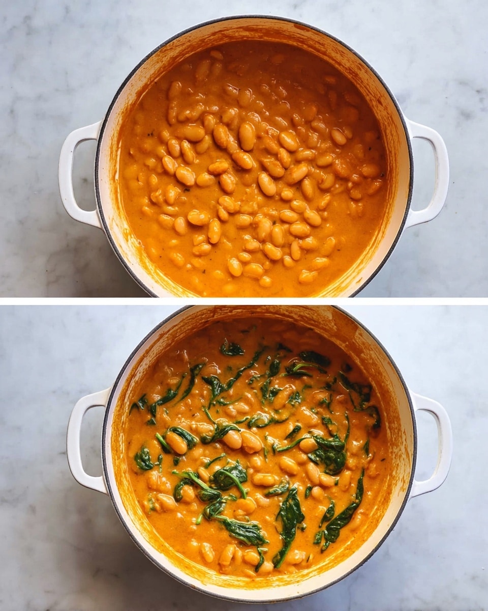 The image shows two views of a white pot filled with a creamy orange bean stew. The first view has a smooth orange sauce coating the beans with a velvety texture, mostly uniform in color with some beans peeking through. The second view shows the same orange sauce and beans but with added dark green spinach leaves mixed in, adding color contrast and texture. Both pots sit on a white marbled surface with some orange sauce residue around the pot’s inner edges. Photo taken with an iphone --ar 4:5 --v 7