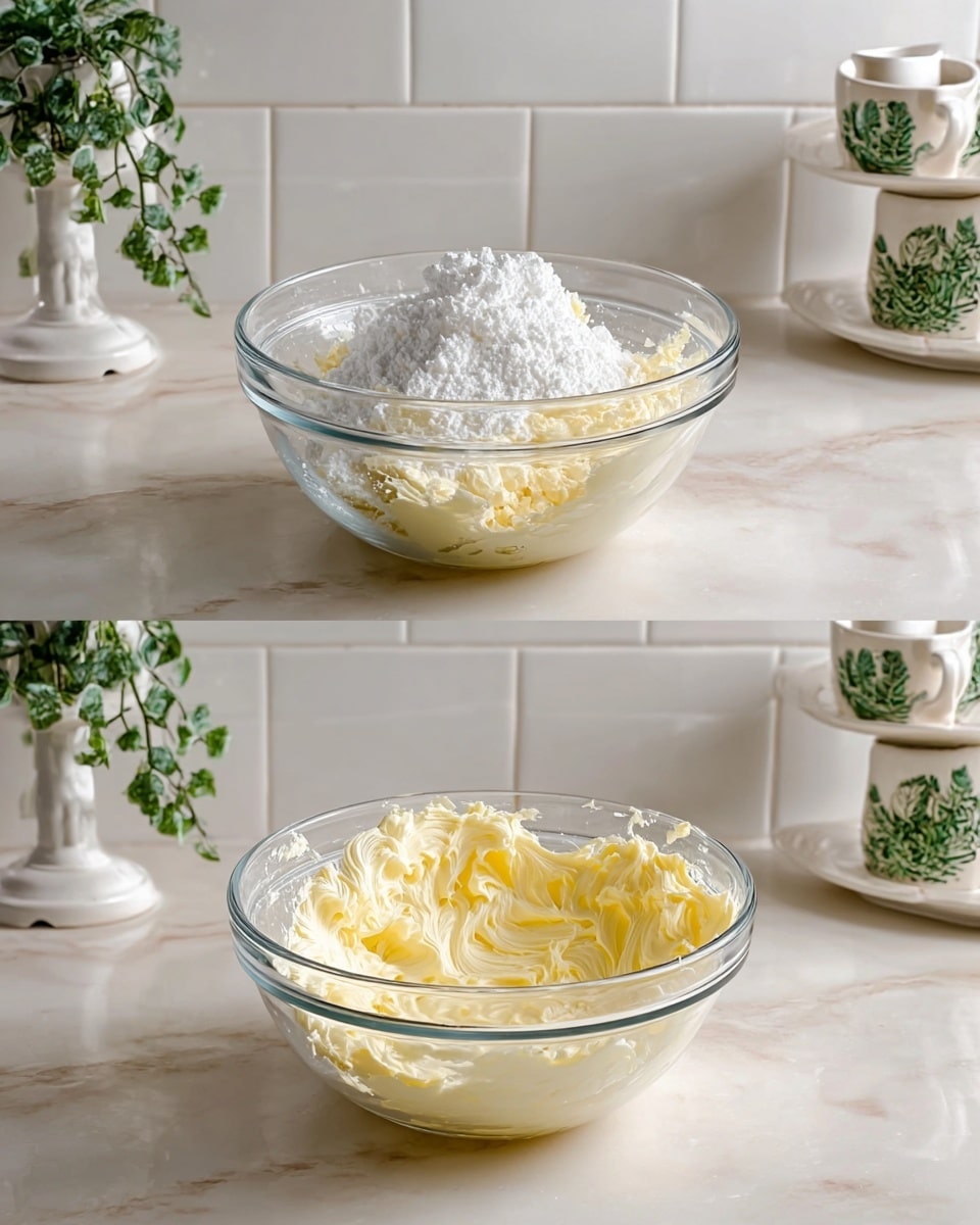 The image shows two clear glass bowls placed side by side on a white marbled surface with a white tiled wall in the background. Inside the first bowl on the left, there are two distinct layers: a creamy pale yellow layer of softened butter at the bottom and a thick, white powdery layer of sugar piled on top in the center. In the second bowl on the right, the butter and sugar have been mixed together into a smooth, pale yellow, creamy mixture with soft, swirled textures, evenly spread throughout the bowl. In the background, there are small potted green plants hanging with leafy vines and white ceramic mugs with green patterns on a white stand. The photo taken with an iphone --ar 4:5 --v 7