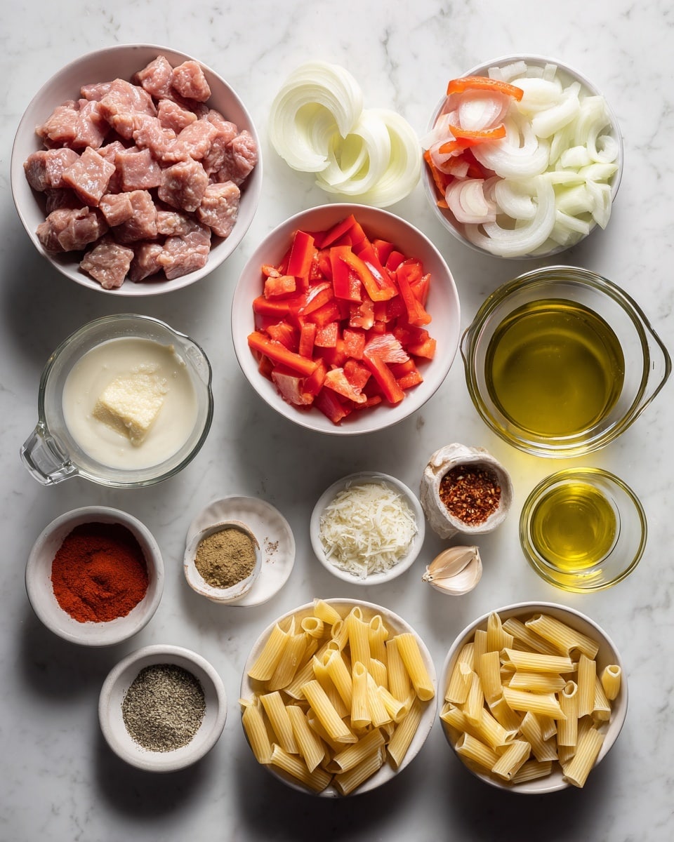 Top-down professional food photography flat lay style, bright white marble countertop, neatly arranged, evenly spaced, tidy, clean organized layout, include: bowl of sliced prepared meat pieces, bowl of chopped medium onion, bowl of sliced bell pepper, small bowl of minced garlic, small glass cup of olive oil, glass measuring cup of chicken broth, small glass cup of heavy cream, bowl of diced tomatoes, small bowls of Cajun seasoning and paprika, small bowls of salt and pepper, bowl of uncooked penne pasta, small bowl of grated Parmesan cheese, bright soft natural lighting, sharp focus, high detail textures, realistic reflections, professional DSLR look, 4K, no finished dish, no cooked food, no hands, no text, no watermark, no brand logos --ar 4:5 --v 7