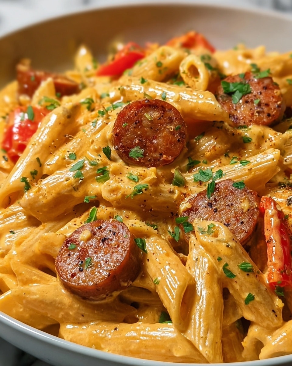 The image shows a close-up of a creamy penne pasta dish with several layers of penne pasta coated in a smooth, light orange sauce. Scattered throughout are thick, round slices of browned sausage with a slightly crispy texture. Small green parsley bits are sprinkled evenly on top, adding a fresh contrast to the creamy sauce and pasta. Visible within the dish are also pieces of red bell pepper adding a touch of color. The dish is served in a white bowl on a white marbled surface, and the lighting highlights the glossy sauce and textured sausage slices. Photo taken with an iphone --ar 4:5 --v 7