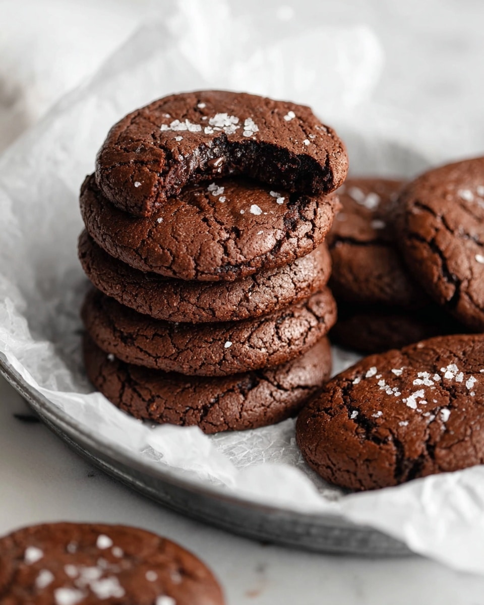 A stack of six dark brown, round chocolate cookies with a cracked tops texture sit on white parchment paper inside a metal tray. One cookie on top has a bite taken out showing a dense, moist center and is sprinkled with small white flakes, likely sea salt. The cookies have a slightly shiny, rough surface and are arranged in an overlapping pile. The tray rests on a white marbled surface, with another cookie blurred in the background and bottom foreground. Photo taken with an iphone --ar 4:5 --v 7