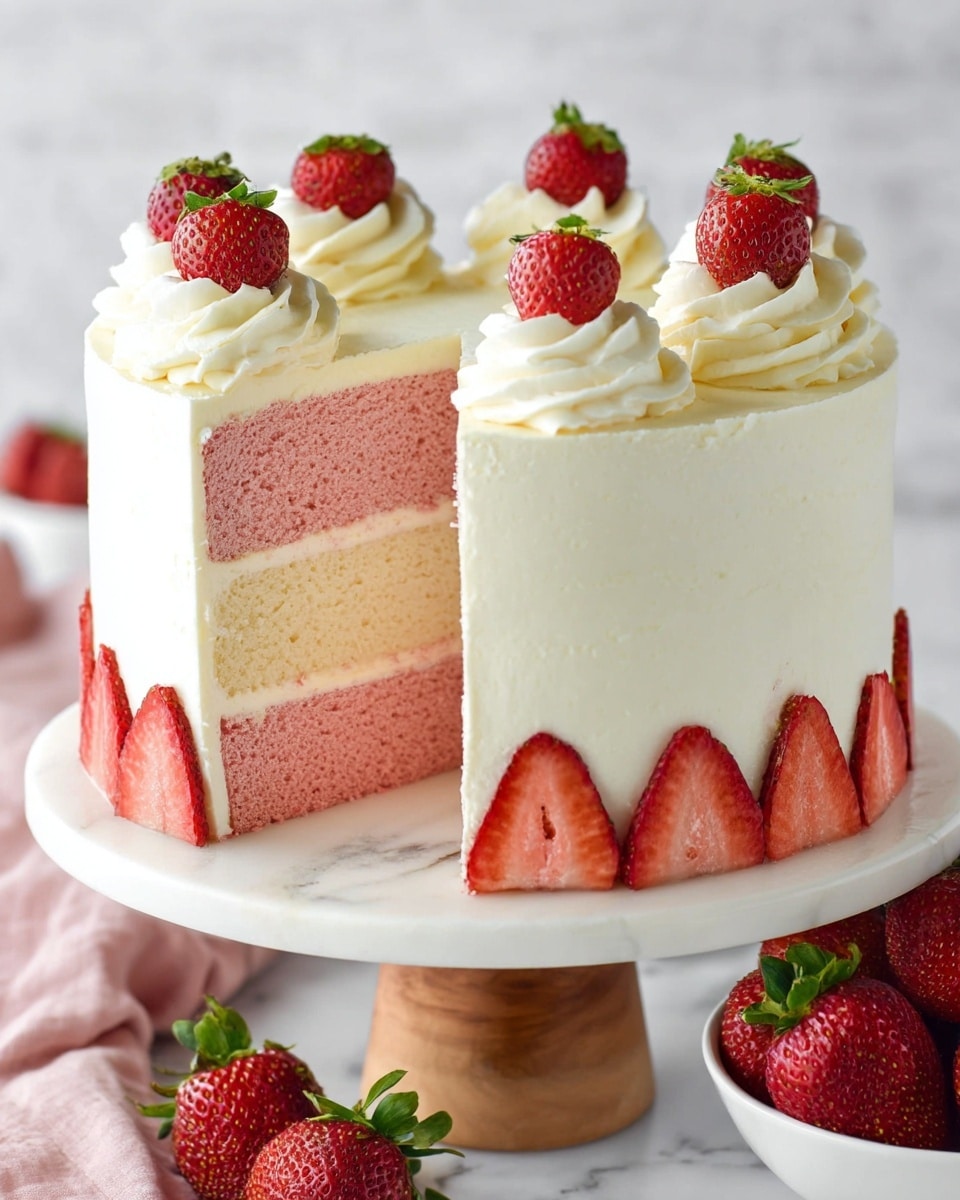A three-layered cake sits on a white marble surface, with the bottom and top layers light pink and looking soft and moist, while the middle layer is creamy white and smooth, likely filled with a frosting or cream. The cake is covered with smooth, white frosting on all sides and decorated on top with evenly spaced swirls of white cream, each topped with half a bright red strawberry with green leaves. Around the base of the cake, more strawberry halves are placed against the frosting. The cake is displayed on a white cake stand with a wooden base, and a small white bowl full of whole strawberries is in the background. Photo taken with an iphone --ar 4:5 --v 7