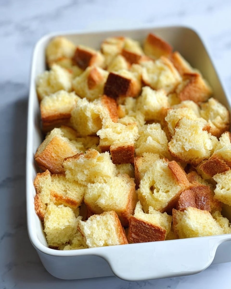 A close-up view of a white rectangular baking dish filled with many irregularly shaped light yellow bread cubes with soft texture and browned edges, arranged loosely to fill the dish almost to the top, placed on a white marbled surface. photo taken with an iphone --ar 4:5 --v 7