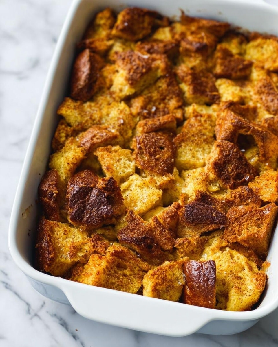 The image shows a white square baking dish filled with a golden-brown baked bread pudding. The top layer is uneven with large pieces of toasted bread, some darker brown while others are lighter yellow, creating a textured and crispy look. The bread pieces are slightly puffed and irregular in shape, with visible bits of cinnamon or spice sprinkled over. The dish sits on a white marbled surface, highlighting the warm tones of the bread pudding. Photo taken with an iphone --ar 4:5 --v 7