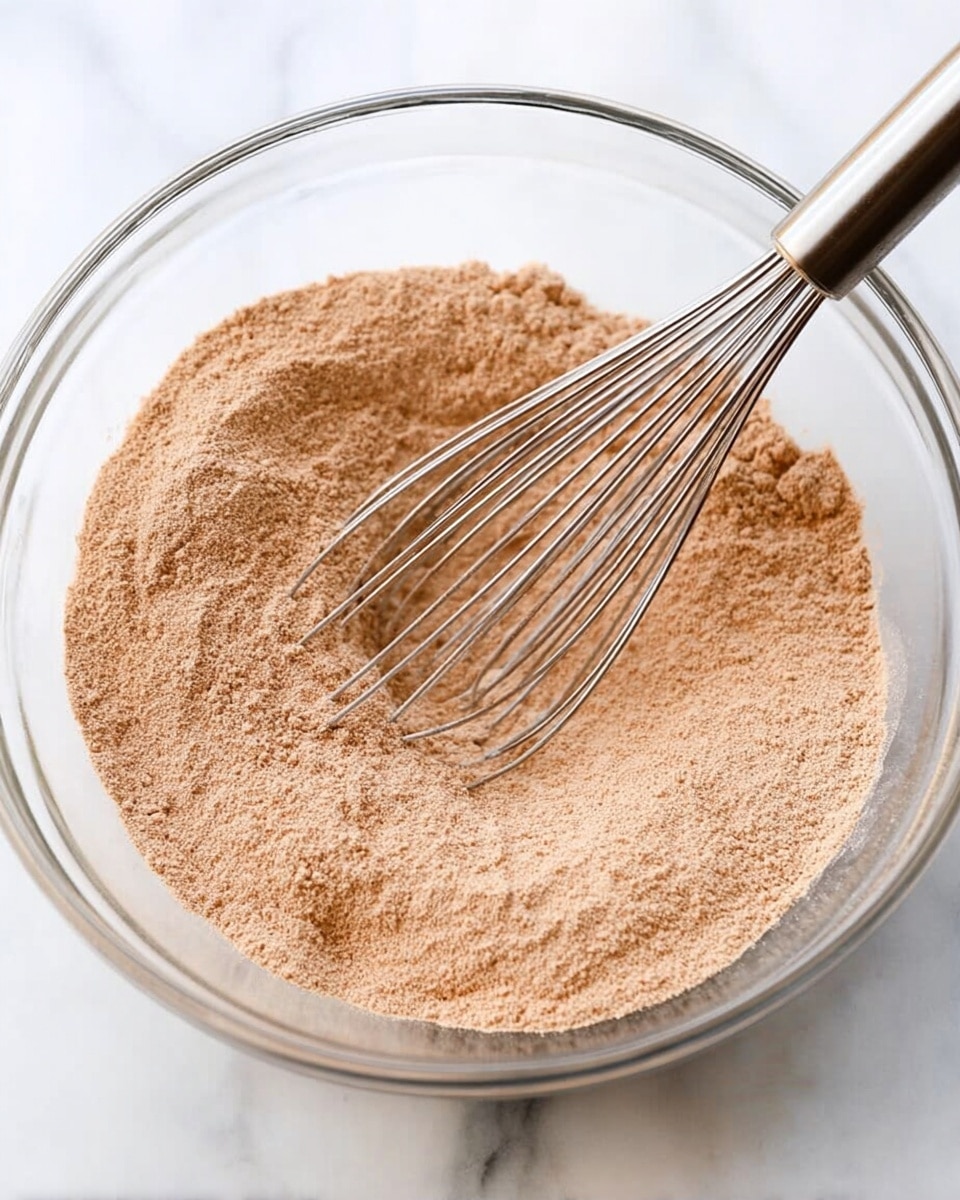 In a clear glass bowl on a white marbled surface, there is a single layer of light brown dry powder mixed evenly. A shiny silver whisk with thin wires is partially inside the powder, showing some movement as if it has just been stirred. The light brown powder has a soft, fine texture, spread wide and flat in the bowl with a slight swirl pattern made by the whisk in the center. The clear bowl has thick, rounded edges and the overall scene is bright and clean. photo taken with an iphone --ar 4:5 --v 7