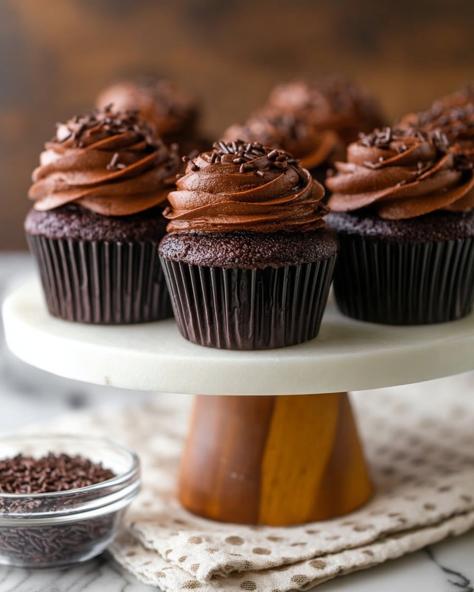 A group of dark chocolate cupcakes is arranged on a white round cake stand with a wooden base. Each cupcake has one layer of rich, dark brown chocolate cake, topped with a thick, swirled layer of smooth chocolate frosting that forms soft peaks. The frosting is decorated with small, dark chocolate sprinkles scattered across the swirls. Below the stand, there is a light-colored cloth with small dots on a white marbled surface. In the background, a small glass bowl filled with chocolate sprinkles is slightly out of focus. photo taken with an iphone --ar 4:5 --v 7