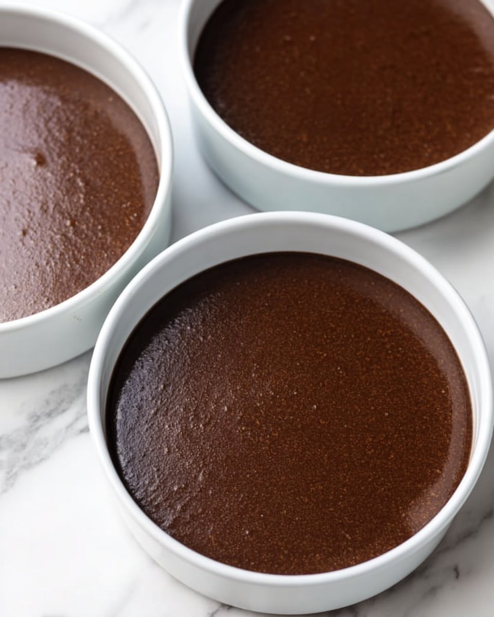The image shows three round white baking pans filled with smooth, dark brown batter. The batter layer is even and shiny on top, filling the pans almost to the edge. The pans are placed close to each other on a white marbled surface. Photo taken with an iphone --ar 4:5 --v 7