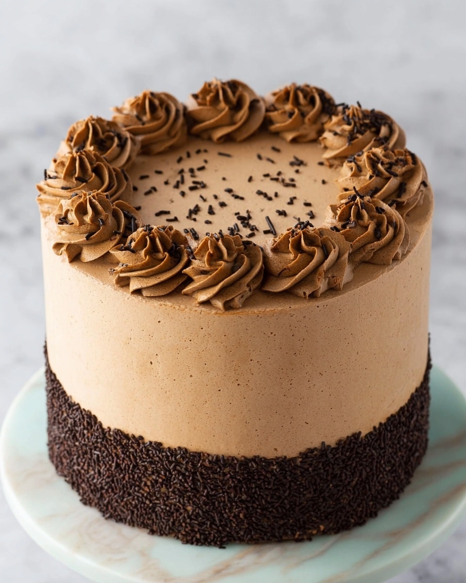 A tall round cake covered in smooth light brown chocolate frosting has a thick band of dark brown chocolate sprinkles around the base. The top edge of the cake is decorated with a ring of elegant swirls of the same light brown frosting, each swirl topped with a few dark chocolate sprinkles. The top surface of the cake is plain and smooth with more sprinkles scattered inside the swirl ring near the edge. The cake sits on a white marbled surface. photo taken with an iphone --ar 4:5 --v 7