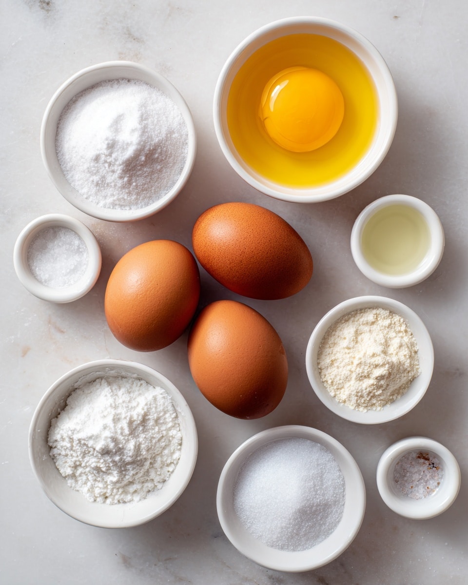 The image shows three brown eggs arranged in a triangle on a white marbled surface. Around the eggs are seven small white bowls filled with different ingredients: one bowl holds white powdered sugar, another has a bright yellow egg yolk, one contains a white fine powder, another has a clear liquid, and three smaller bowls hold small amounts of salt and other white powders. The bowls and eggs are neatly spaced out, all sitting on the white marbled background. photo taken with an iphone --ar 4:5 --v 7