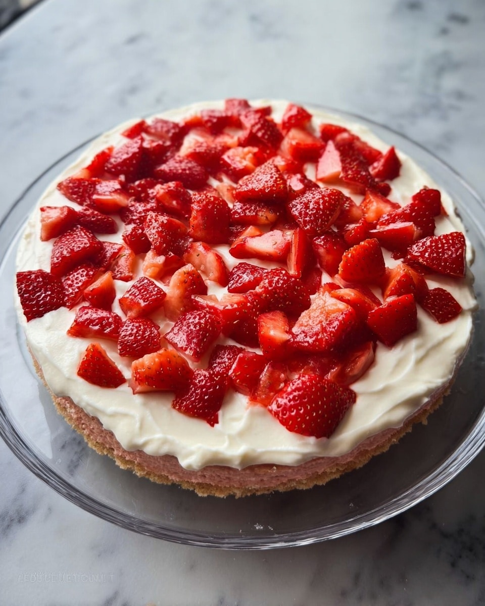 A single-layer round cake sits on a clear glass plate, with a soft pinkish-brown base that appears lightly textured. On top of the cake is a smooth, thick layer of white cream spread evenly across the surface. Scattered over the cream are fresh strawberry pieces, cut into small and medium-sized chunks, varying in shape but all showing bright red with visible seeds. The background is a white marbled surface that makes the colors of the cake stand out clearly. photo taken with an iphone --ar 4:5 --v 7