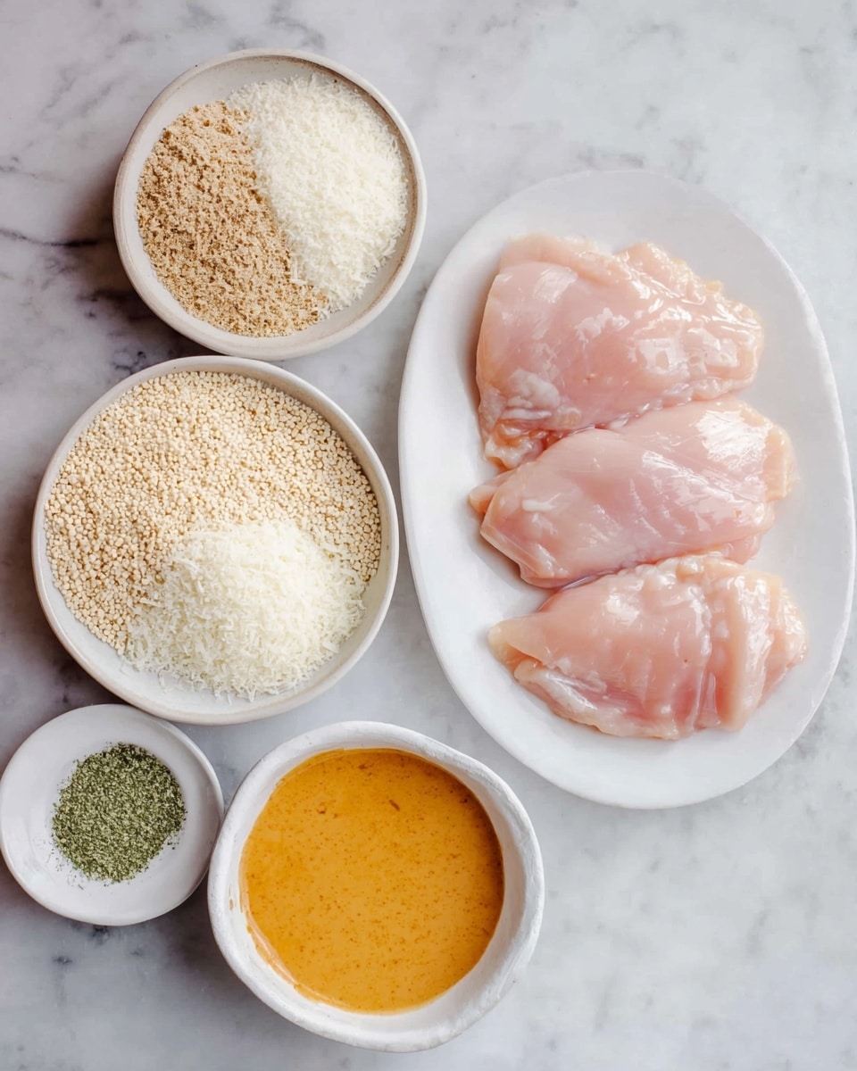 The image shows a white plate with four pieces of raw light pink chicken arranged side by side on the right. To the left, there is a white bowl divided visually into two halves; one half contains light brown breadcrumbs and the other half white panko crumbs. Above the bowl, there is a small white bowl filled with white flour. Below the flour, a tiny white bowl holds green seasoning. At the bottom left, there is an open white container with a creamy, smooth orange sauce. All items sit on a white marbled surface photo taken with an iphone --ar 4:5 --v 7