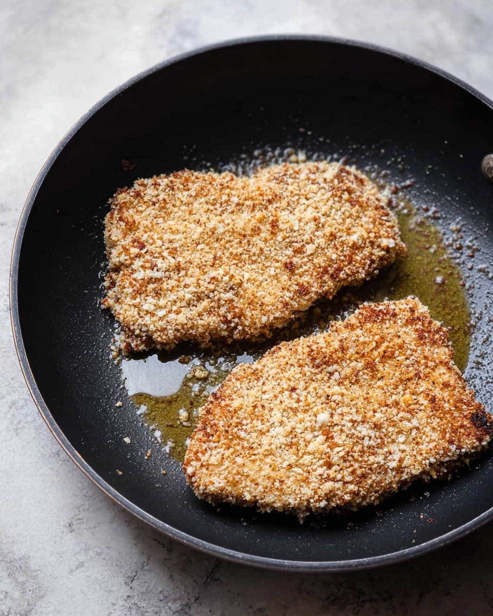 In the image, two breaded pieces of meat are frying in a black pan. Each piece is covered in a coarse, light brown crumb layer mixed with some white bits, giving a textured and crumbly look. The edges of the meat are uneven, showing the irregular shape of the pieces. The pan contains a small amount of melted butter or oil, which shines with a slight golden color around the edges of the meat. The pan sits on a white marbled surface, adding a clean and bright contrast to the dark pan and the light-colored breading on the meat. photo taken with an iphone --ar 4:5 --v 7