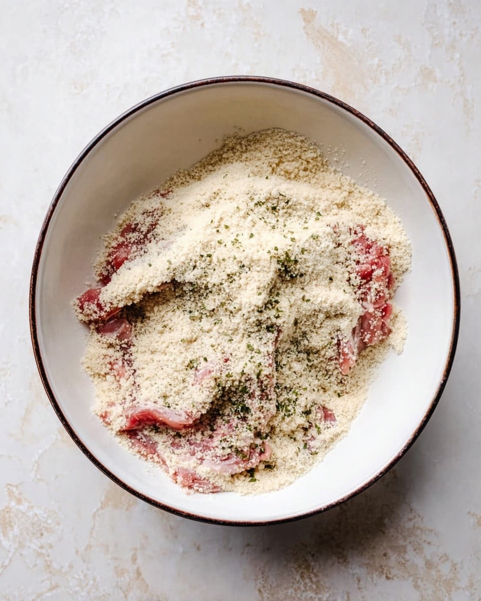 A white bowl with a thin dark rim holds layers of ingredients. The bottom layer is raw meat with a reddish-pink color and a soft, slightly uneven texture. On top, there is a thick layer of pale beige breadcrumbs sprinkled unevenly, partially covering the meat beneath. Some areas show specks of green herbs mixed into the breadcrumbs. The bowl is placed on a white marbled surface, visible around the edges. photo taken with an iphone --ar 4:5 --v 7