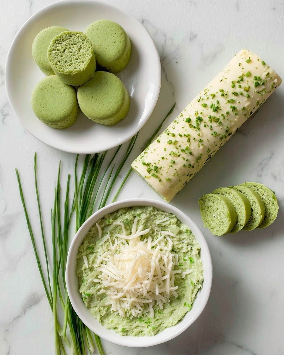 The image shows a variety of green-colored food items arranged on a white marbled surface. At the top left, there is a white plate holding six small round green cakes with smooth tops and one cake cut in half, revealing a green, soft texture inside. To the right, there is a rectangular log of light green cheese sprinkled with green herbs, with slices neatly arranged in a curved line beside it. At the bottom, a white bowl is filled with a green dip topped with shredded white cheese. There are green chive stalks placed on the left side of the bowl. Photo taken with an iphone --ar 4:5 --v 7