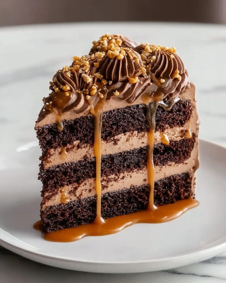 Easy Father’s Day Dark Chocolate Peanut Butter Cake with Salted Caramel Drizzle Recipe