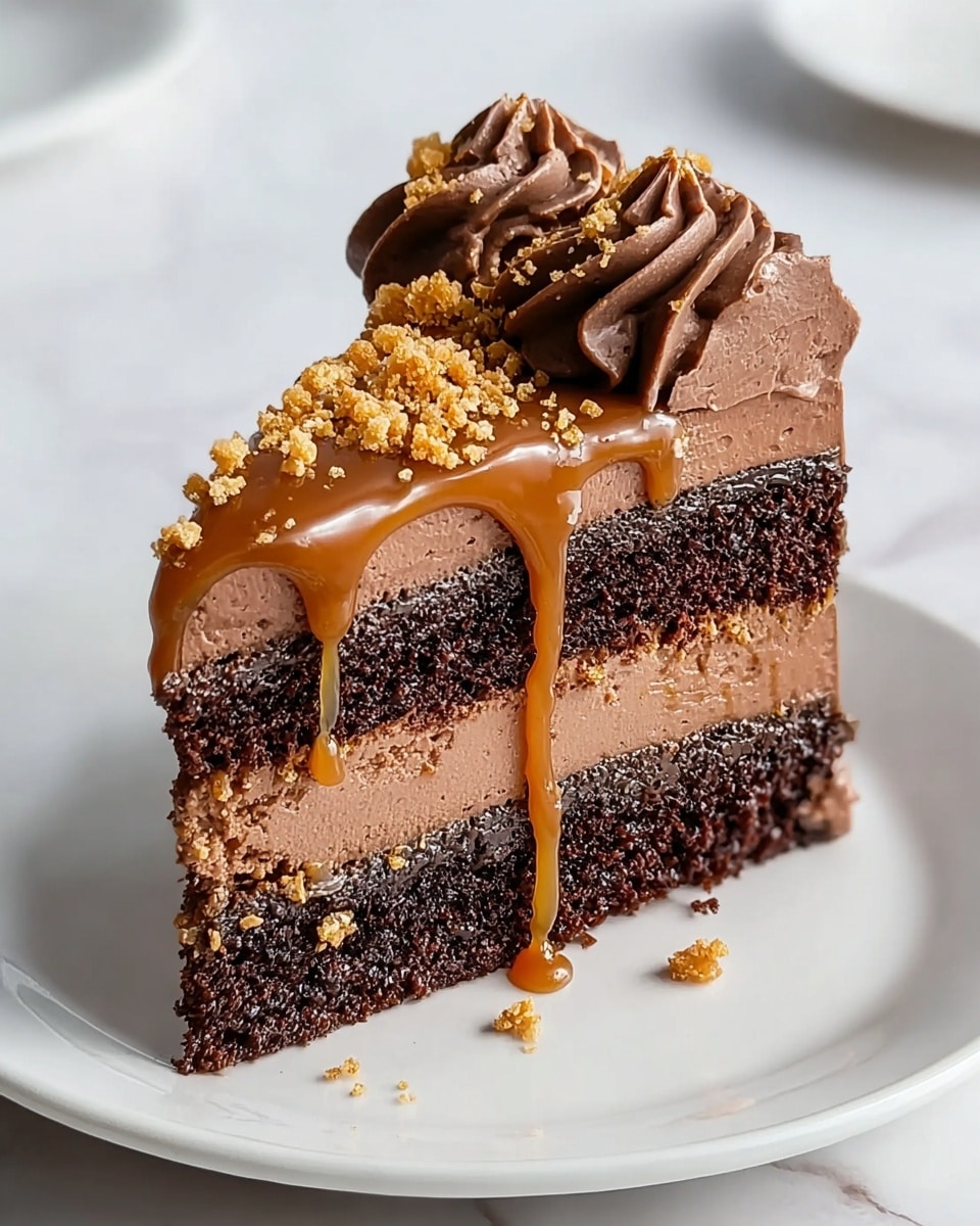 A slice of chocolate cake is shown on a white plate over a white marbled surface. The cake has three layers: two dark brown chocolate sponge layers with a middle and top layer of smooth chocolate frosting. On top, there is a shiny caramel sauce dripping down the sides and sprinkled with small golden crunchy crumbs. A swirl of darker chocolate cream is piped on one side of the cake top, also garnished with some crumbs. The overall look is rich with smooth and textured layers, and the caramel adds a glossy contrast. Photo taken with an iphone --ar 4:5 --v 7