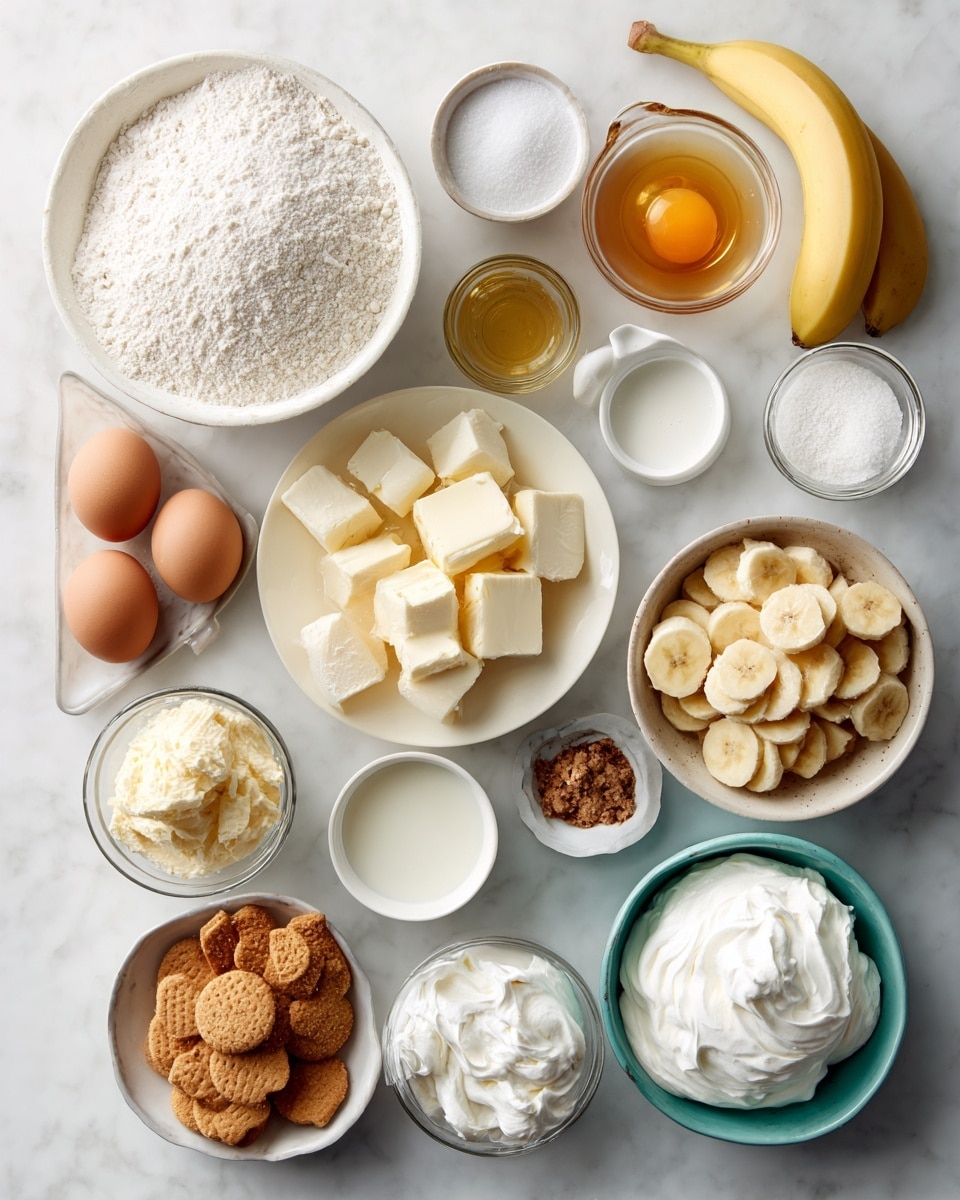 Top-down professional food photography flat lay style, bright white marble countertop, neatly arranged, evenly spaced, tidy, clean organized layout, include: bowl of all-purpose flour, bowl of granulated sugar, small bowl of baking soda, small bowl of salt, glass measuring cup of vegetable oil, small glass cup of buttermilk, small plate with large eggs, small bottle of vanilla flavoring, bowl of mashed ripe bananas, small bowl of instant vanilla pudding mix, small bowl of softened cream cheese, glass measuring cup of heavy whipping cream, small bowl of crushed vanilla wafer cookies, small plate with thinly sliced bananas, small plate with softened salted butter, bowl of confectioners’ sugar, bowl of thawed whipped topping, bright soft natural lighting, sharp focus, high detail textures, realistic reflections, professional DSLR look, 4K, no finished dish, no cooked food, no hands, no text, no watermark, no brand logos --ar 4:5 --v 7