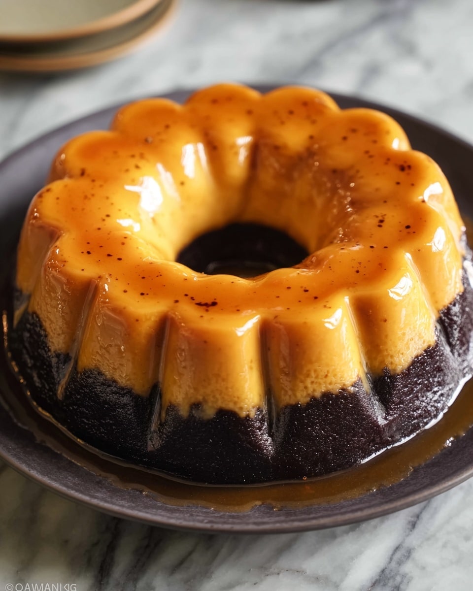 A ring-shaped dessert with two layers sits on a dark-colored plate on a white marbled surface. The top layer is thick, shiny, and amber-colored, with a smooth and slightly glossy texture that reflects light. The bottom layer is darker, almost black, and appears firm and slightly caramelized. The dessert's outer edge is scalloped, creating a flower-like shape, while the center is hollow, like a bundt cake. The amber layer has small, darker spots suggesting slight caramelization or baking texture. photo taken with an iphone --ar 4:5 --v 7