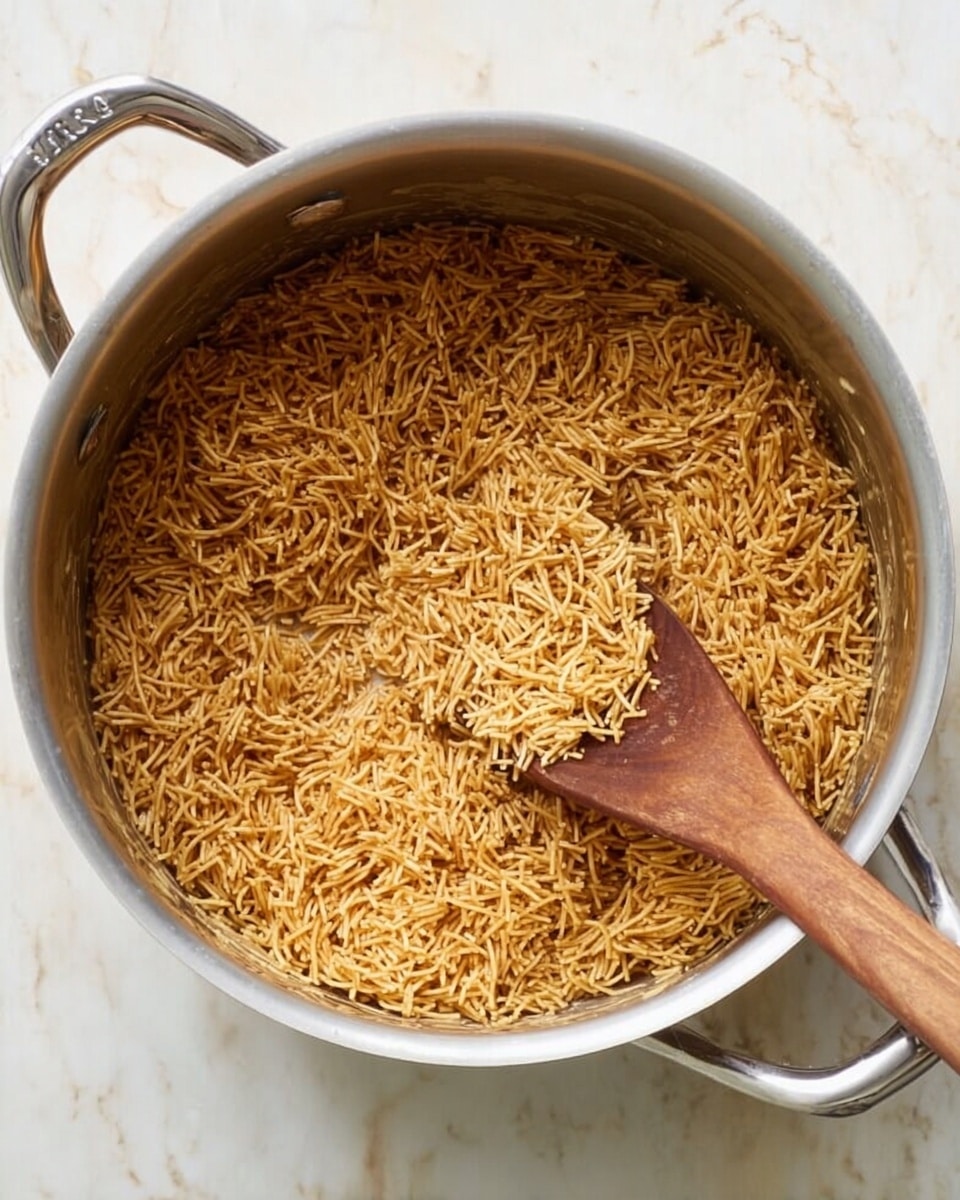 A close-up top view of a silver pot filled with thin, golden-brown toasted noodles evenly spread inside. A wooden spoon with a rounded head rests inside the pot, partially covered by the toasted noodles, showing a textured surface. The pot is placed on a white marbled surface, with the metal handles visible on both sides. The scene highlights the rich toasted color and dry texture of the noodles. Photo taken with an iphone --ar 4:5 --v 7