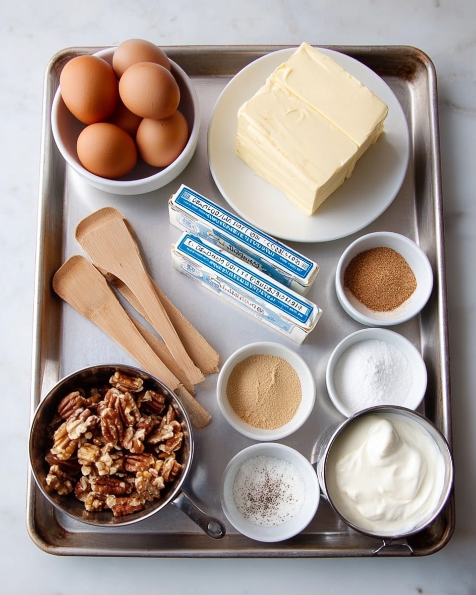 The image shows a metal baking tray with several ingredients neatly arranged on it against a white marbled background. On the top left, there is a small white bowl holding four brown eggs. Below it, a white plate holds thick, square pieces of pale yellow butter. Next to the eggs, there are two rectangular packs of butter with blue and white wrappers. At the center of the tray, there are several wooden measuring spoons stacked together. To the right, there is a white bowl divided into sections, each holding different powders: one section has fine white sugar, another has brown sugar, and the last has a light brown powdered spice with a small amount of black specks. At the bottom right corner, a white measuring cup is filled with a thick white cream or yogurt. Lastly, near the bottom center, there is a metal measuring cup filled with chopped nuts that are brown with rough textures. Photo taken with an iphone --ar 4:5 --v 7