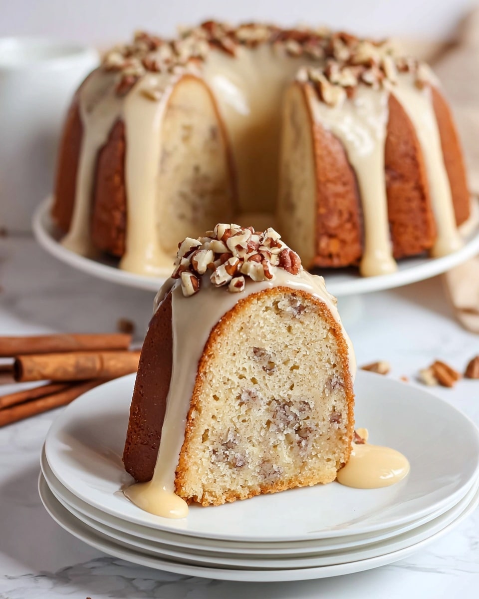 A slice of light beige cake with small brown nut pieces baked inside sits on two stacked white plates with curved edges. The cake has one thick outer layer and a soft, moist crumb texture. Creamy light beige glaze drips down the side from the top, where more chopped nuts are spread evenly. In the background, the rest of the round bundt cake with glaze and nuts on top rests on a white plate. The surface is a white marbled texture with cinnamon sticks in front. Photo taken with an iphone --ar 4:5 --v 7