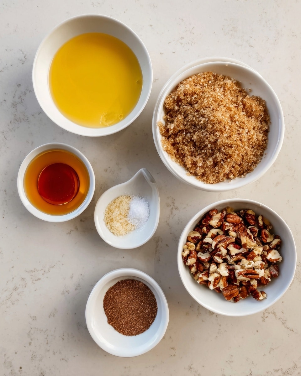 The image shows five white bowls on a white marbled surface, each bowl containing different ingredients. The top left bowl has golden melted butter with a smooth liquid texture. Below it to the left, a bigger bowl is filled with light brown soft brown sugar, looking crumbly. Next to it on the right, a medium white bowl contains mixed chopped nuts with brown and cream colors and a crunchy look. Below the nuts, a small white bowl holds a mix of white salt and fine brown cinnamon powder. To its left, another small bowl is filled with a shiny amber-colored liquid, likely syrup or honey. Photo taken with an iphone --ar 4:5 --v 7