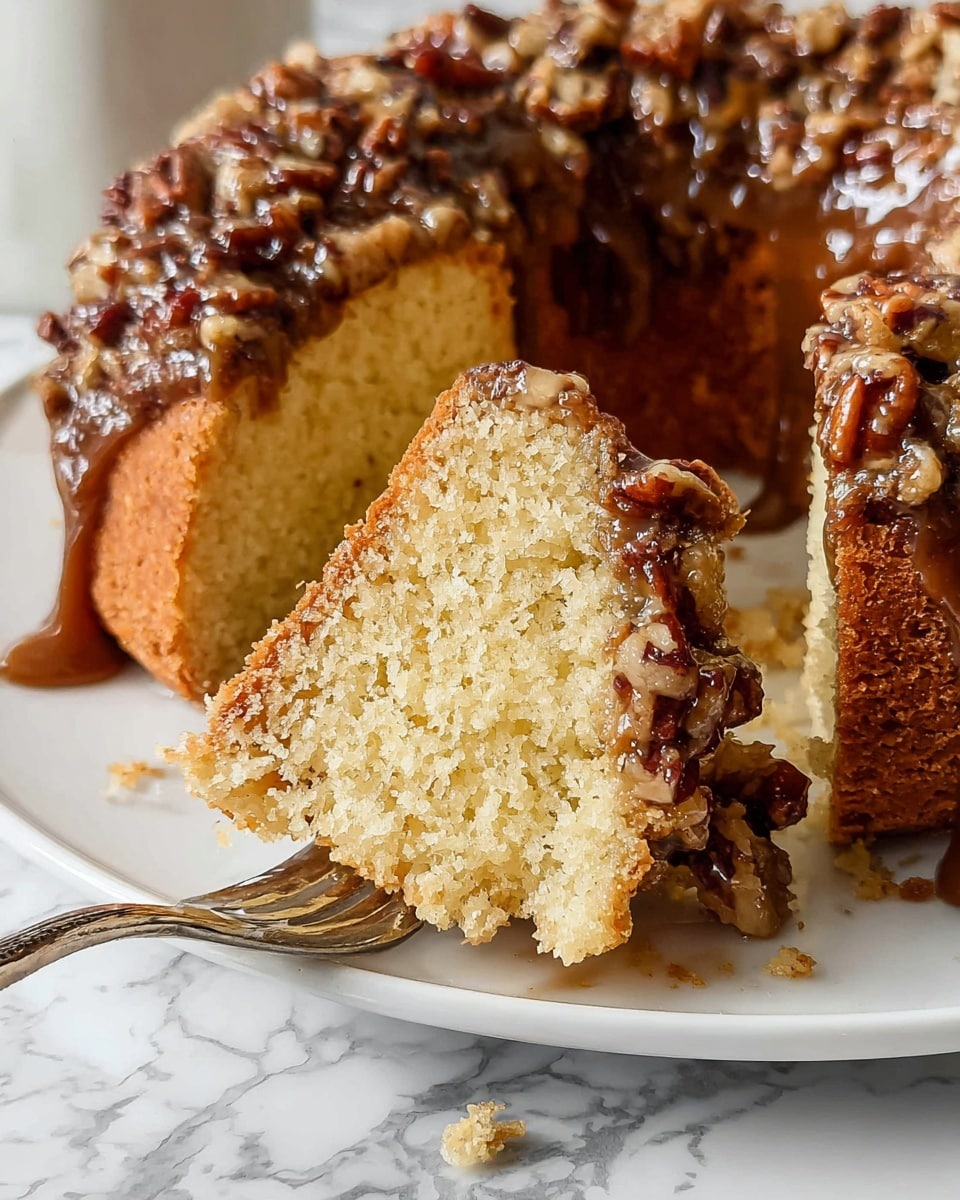 A close-up of a moist yellow cake sliced into thick pieces on a white plate, topped with a glossy brown pecan glaze layer that covers the top edges and drips slightly down the sides, with visible pieces of pecans embedded in the glaze. A silver fork is holding a small triangular piece of cake at the front, showing the soft, crumbly texture of the yellow cake inside. The background is a white marbled surface. photo taken with an iphone --ar 4:5 --v 7