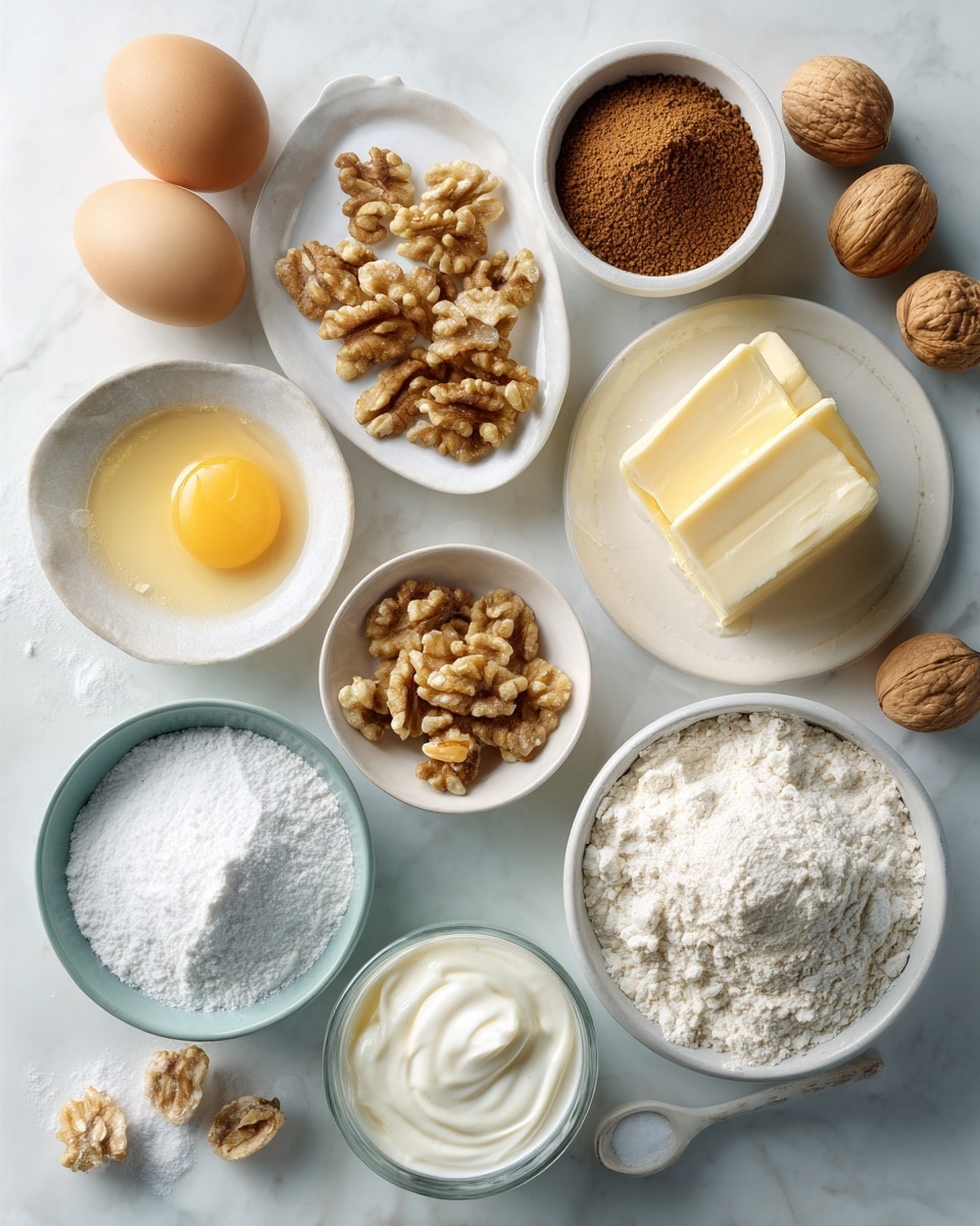 Top-down professional food photography, flat lay style, bright white marble countertop, neatly arranged, evenly spaced, tidy, clean organized layout, include: small bowl of instant coffee granules, small plate with unsalted butter, small bowl of golden caster sugar, small plate with beaten eggs, small bowl of self-raising flour, small bowl of baking powder, small bowl of walnut halves, small bowl of chopped walnuts, small bowl of icing sugar, small glass cup of double cream, bright soft natural lighting, sharp focus, high detail textures, realistic reflections, professional DSLR look, 4K, no finished dish, no cooked food, no hands, no text, no watermark, no brand logos --ar 4:5 --v 7