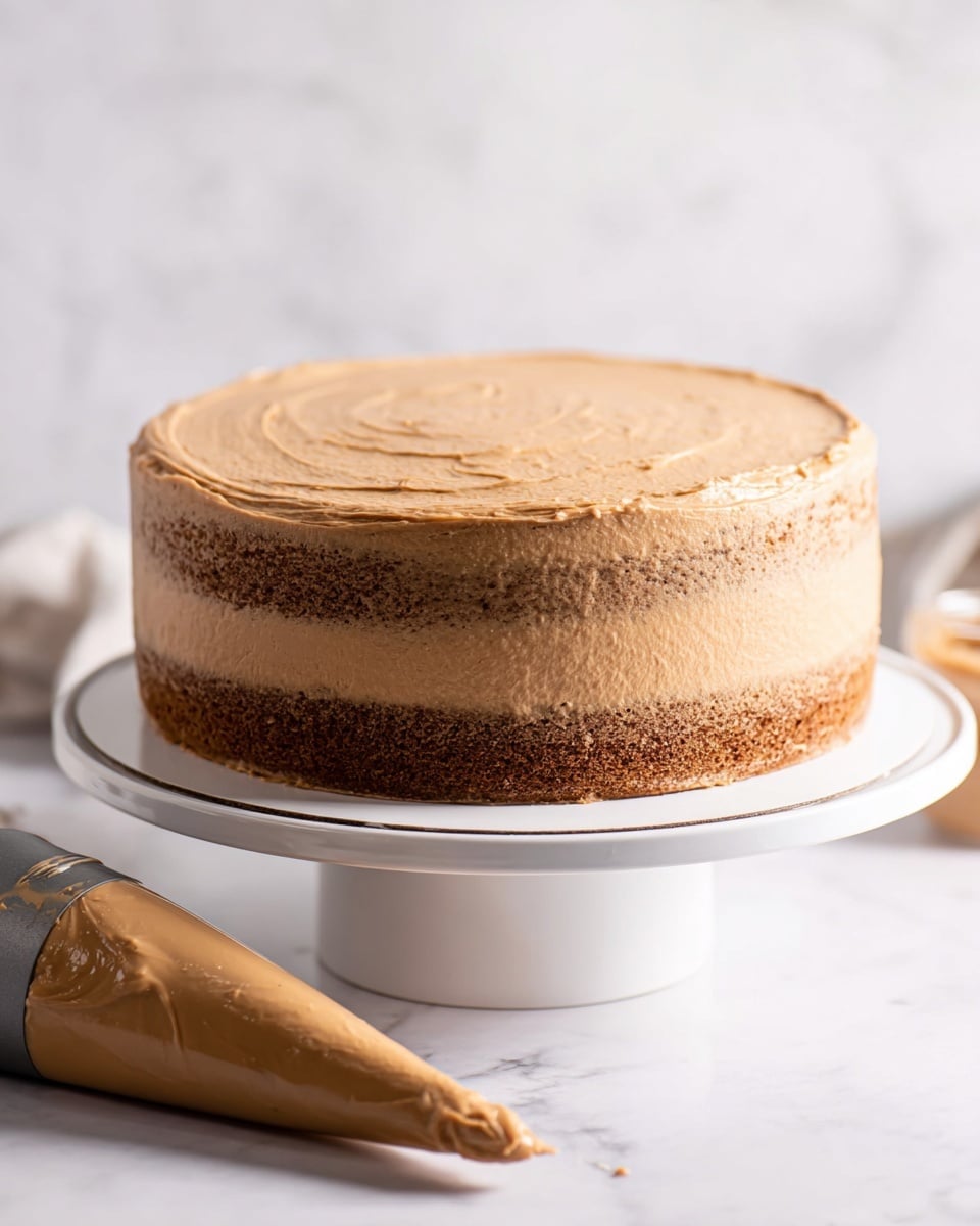 A round, two-layer cake with smooth light brown frosting covering the whole cake sits on a white cake stand. The frosting has a slightly matte texture with some faint swirls and creases visible on the surface and sides, showing the darker brown cake layers through in places. In the foreground, there is a piping bag filled with the same light brown frosting, lying on a white marbled surface. The background is softly blurred with a white marbled texture. photo taken with an iphone --ar 4:5 --v 7