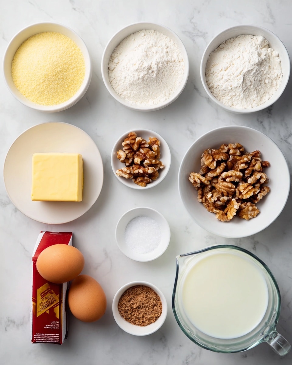 The image shows eight different ingredients arranged neatly on a white marbled surface. At the top row, there are three white bowls: the first contains a light yellow granulated powder, the second has a white fluffy powder, and the third holds a finer, very white powder. Below, a yellow stick of butter with red and gold packaging is placed next to three brown eggs on the left, and on the right, there is a small white bowl filled with walnut halves. Next to the walnuts, a tiny white bowl holds coarse brown granules, and beside it, a small amount of salt in a white bowl. On the bottom right, there is a glass pitcher filled nearly to the top with fresh milk. Everything is presented clearly and cleanly, with no visible mess or spills. photo taken with an iphone --ar 4:5 --v 7