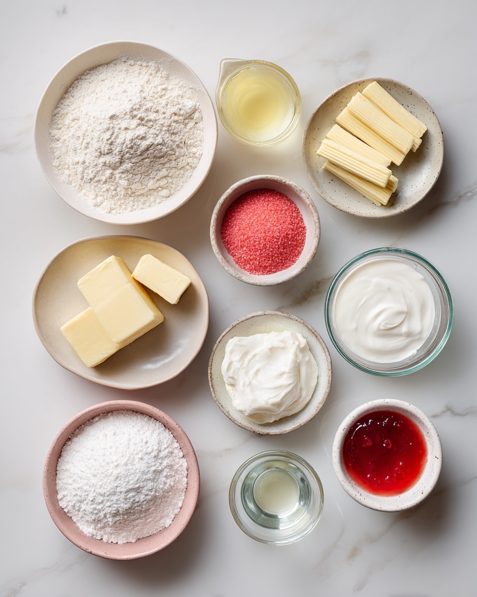 Top-down professional food photography, flat lay style, bright white marble countertop, neatly arranged, evenly spaced, tidy, clean organized layout. Include: bowl of cake flour, bowl of granulated sugar, bowl of powdered sugar, small plate of unsalted butter sticks, bowl of egg whites, small bowl of freeze dried strawberry powder, small glass cup of vegetable oil, bowl of full-fat sour cream, small glass cup of heavy whipping cream, small bowl of fine salt, small glass cup of freshly squeezed lemon juice, small bowl of strawberry jam, bottle of vanilla flavoring. Bright soft natural lighting, sharp focus, high detail textures, realistic reflections, professional DSLR look, 4K. No finished dish, no cooked food, no hands, no text, no watermark, no brand logos --ar 4:5 --v 7