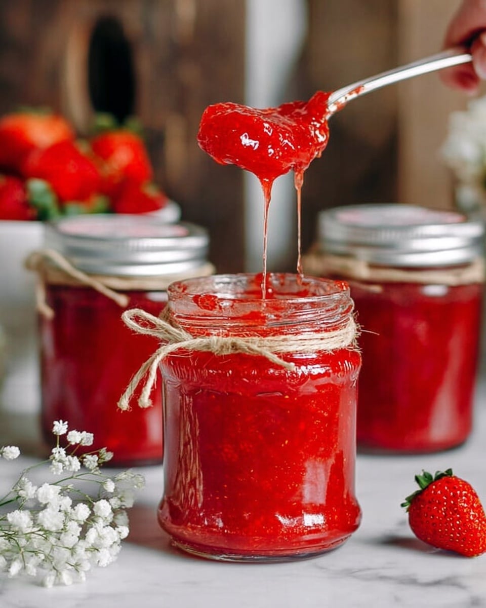 The image shows a clear glass jar filled with bright red strawberry jam, its thick and shiny texture catching the light. The jar is tied near the top with a simple twine bow. Above the jar, a spoon holds a scoop of the chunky jam, with some jam hanging down in soft drips. In the background, there are two more similar jars also tied with twine, and a blurred bowl filled with fresh strawberries. The setup rests on a white marbled surface, with some small white flowers and a strawberry placed beside the jar, and part of a woman's hand holding the spoon visible at the top right corner. Photo taken with an iphone --ar 4:5 --v 7