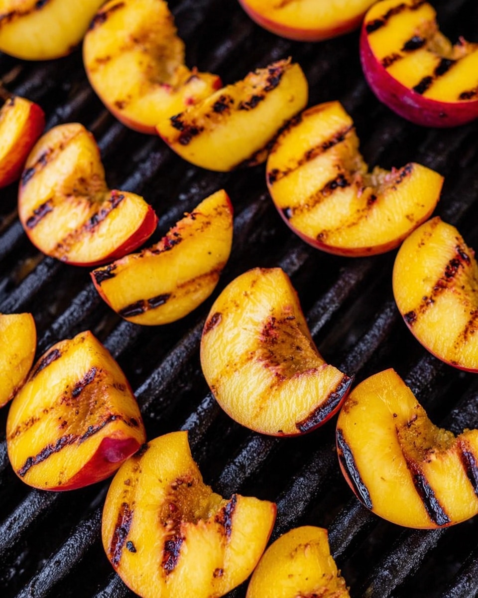 The image shows many yellow and orange peach slices placed in rows on a black grill. Each slice has dark brown grill marks creating lines across the juicy, slightly shiny surface. The peaches have red skin on one side, while the rest is soft yellow. The grill bars are thick and evenly spaced, and the white marbled texture background is just visible behind the grill. The photo taken with an iphone --ar 4:5 --v 7